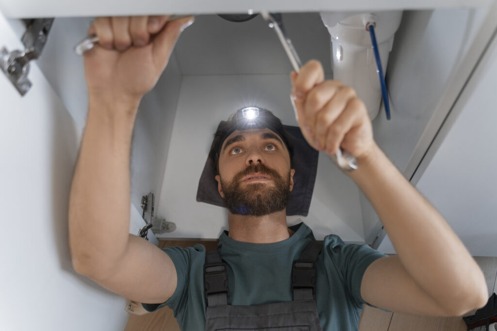 Plumber inspecting a drain line with a light